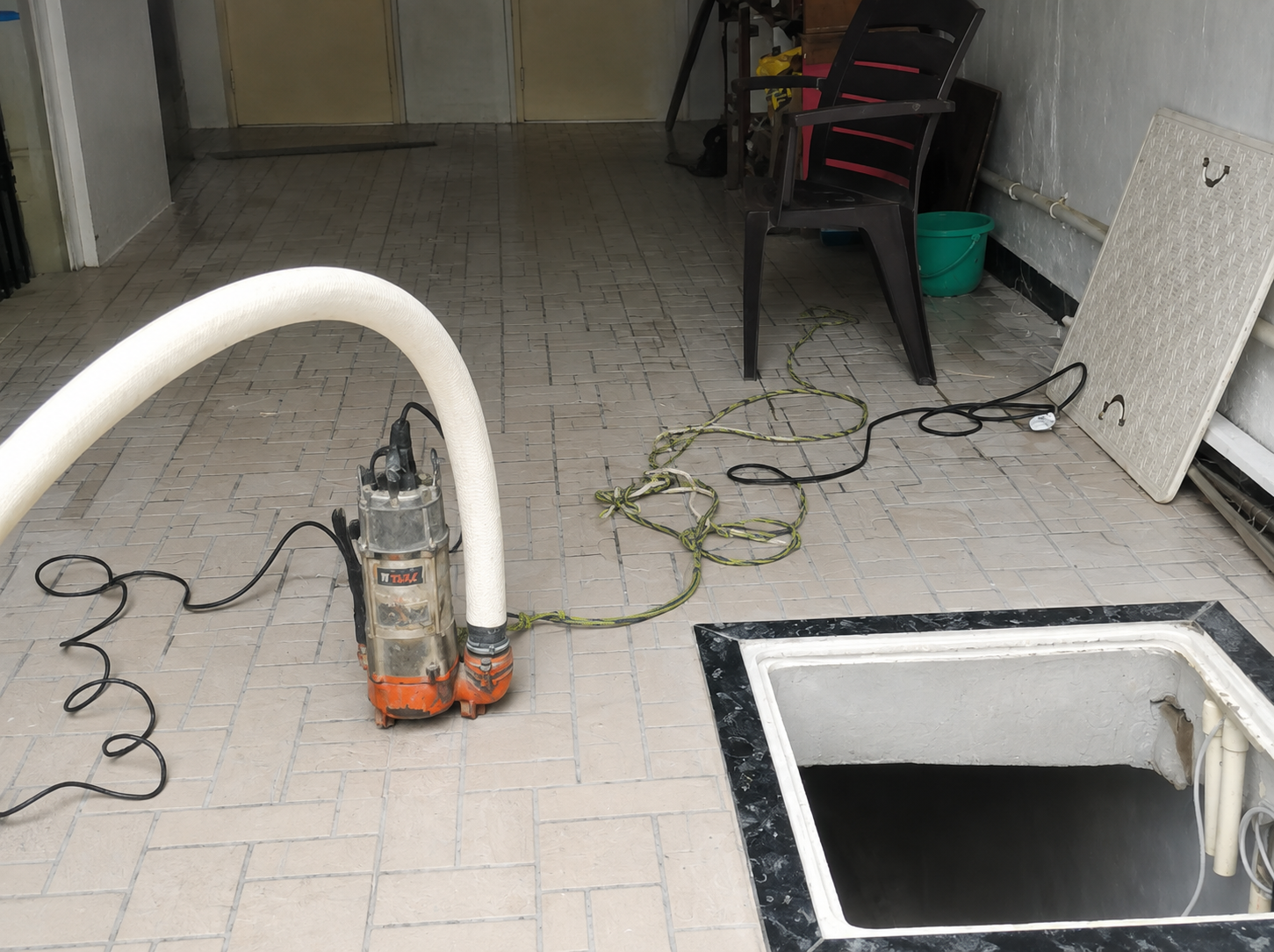Sanitized tank interior after waste-water removal