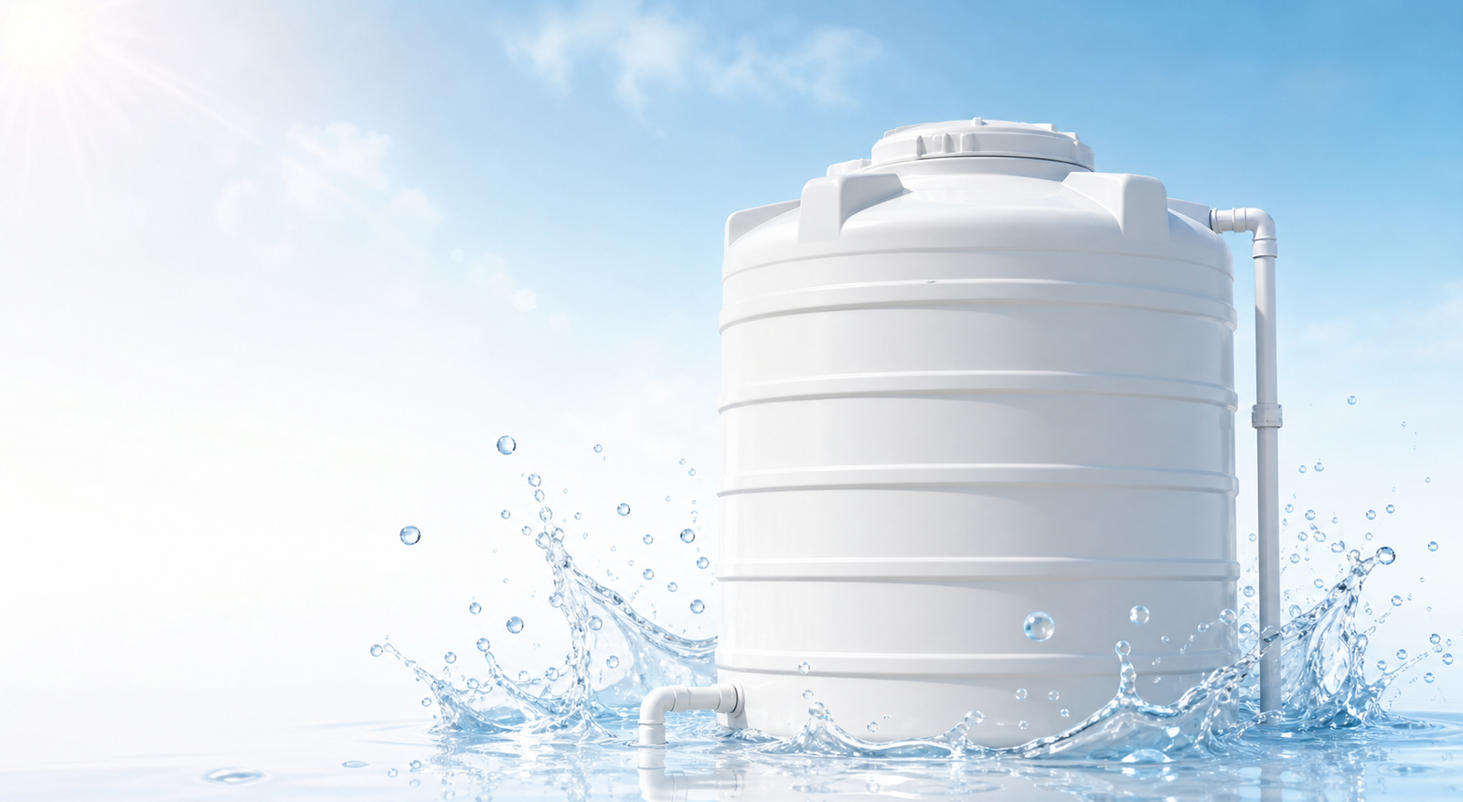 White water storage tank surrounded by crystal-clear water